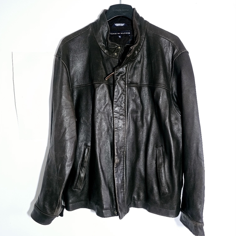 Tommy Hilfiger Vintage 100% Genuine Brown Leather Men's Moto Jacket Size Xxl